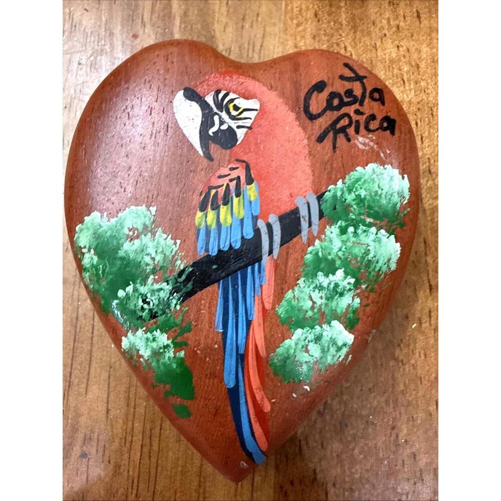 Vintage Costa Rica Wood Hand Painted Mirror Parrot Travel Mini Souvenir Heart